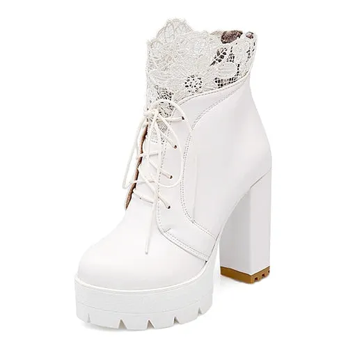 Gdgydh 2021 Autumn Women Lacing Platform Boots High Heels Female Black Platform Heels Spring Short Boots Ladies Shoes for Party