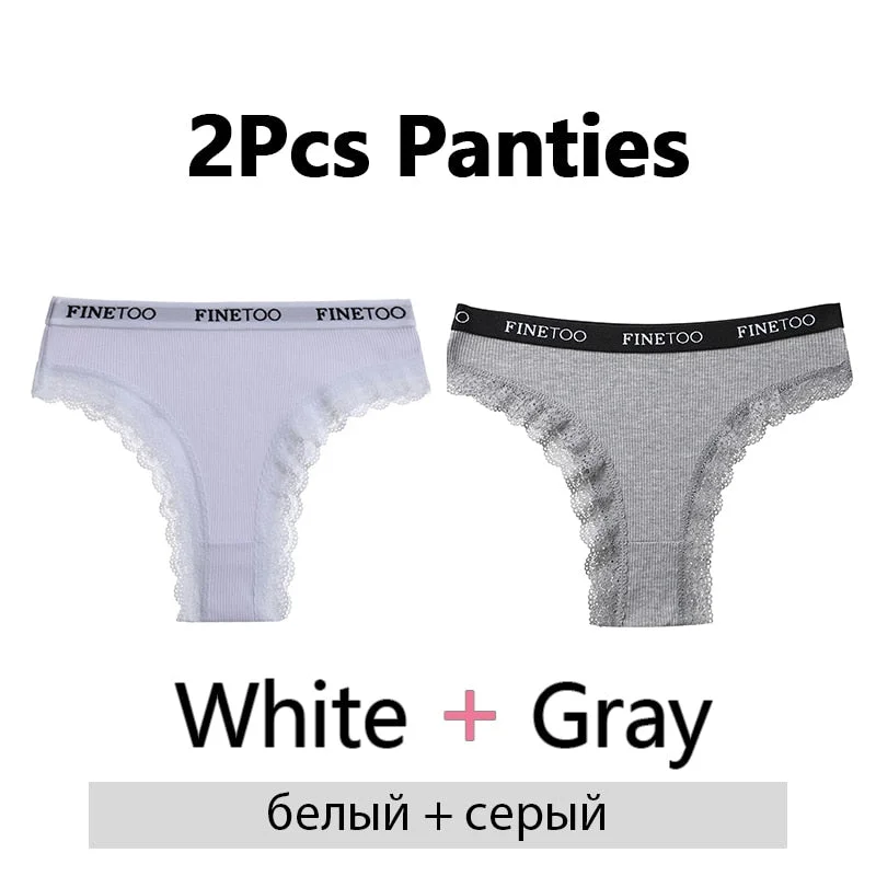 FINETOO 2Pcs/Set Cotton Panties for Women Sexy Ladies Lace G-string Solid Color Thongs Girls Plus Size M-2XL Underwear Lingerie