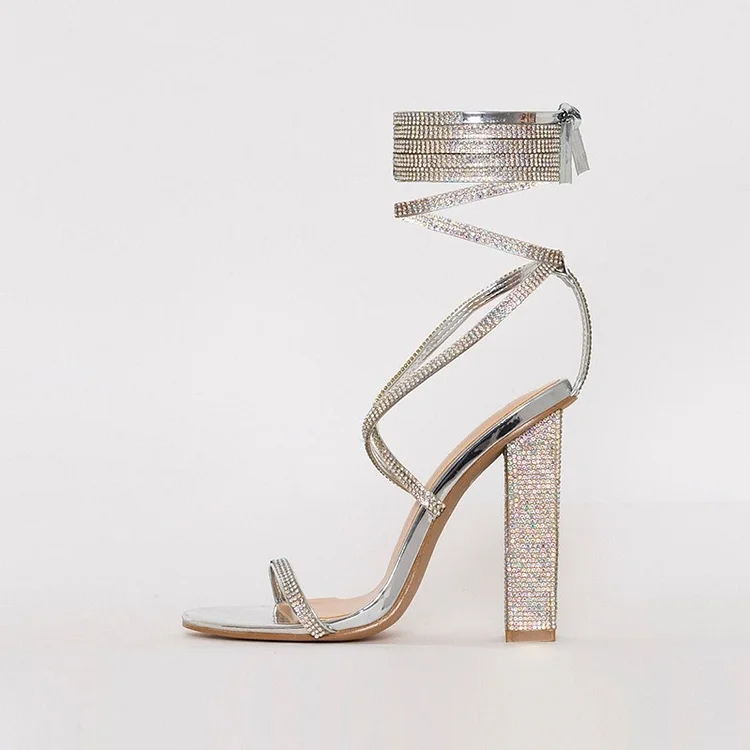 Silver Rhinestone Strappy Chunky Heel Open Toe Sandals Vdcoo