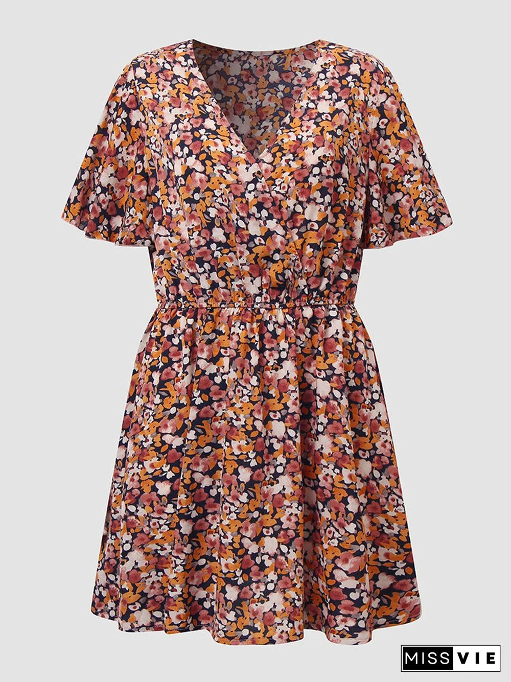 Floral Print Wrap V-neck Short Sleeve Summer Dress
