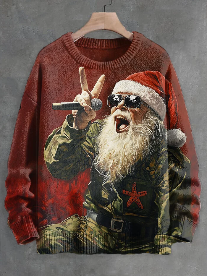 Men's Rock and Roll Punk Santa Print Knit Sweatshirt