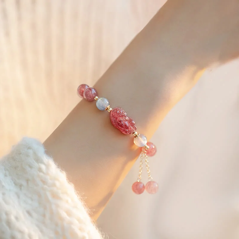 Natural Strawberry Quartz Moonstone PiXiu Love Healing Bracelet