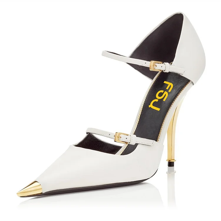 White Pointy Toe Cut Out Two Straps Stiletto Heels Pumps |FSJ Shoes