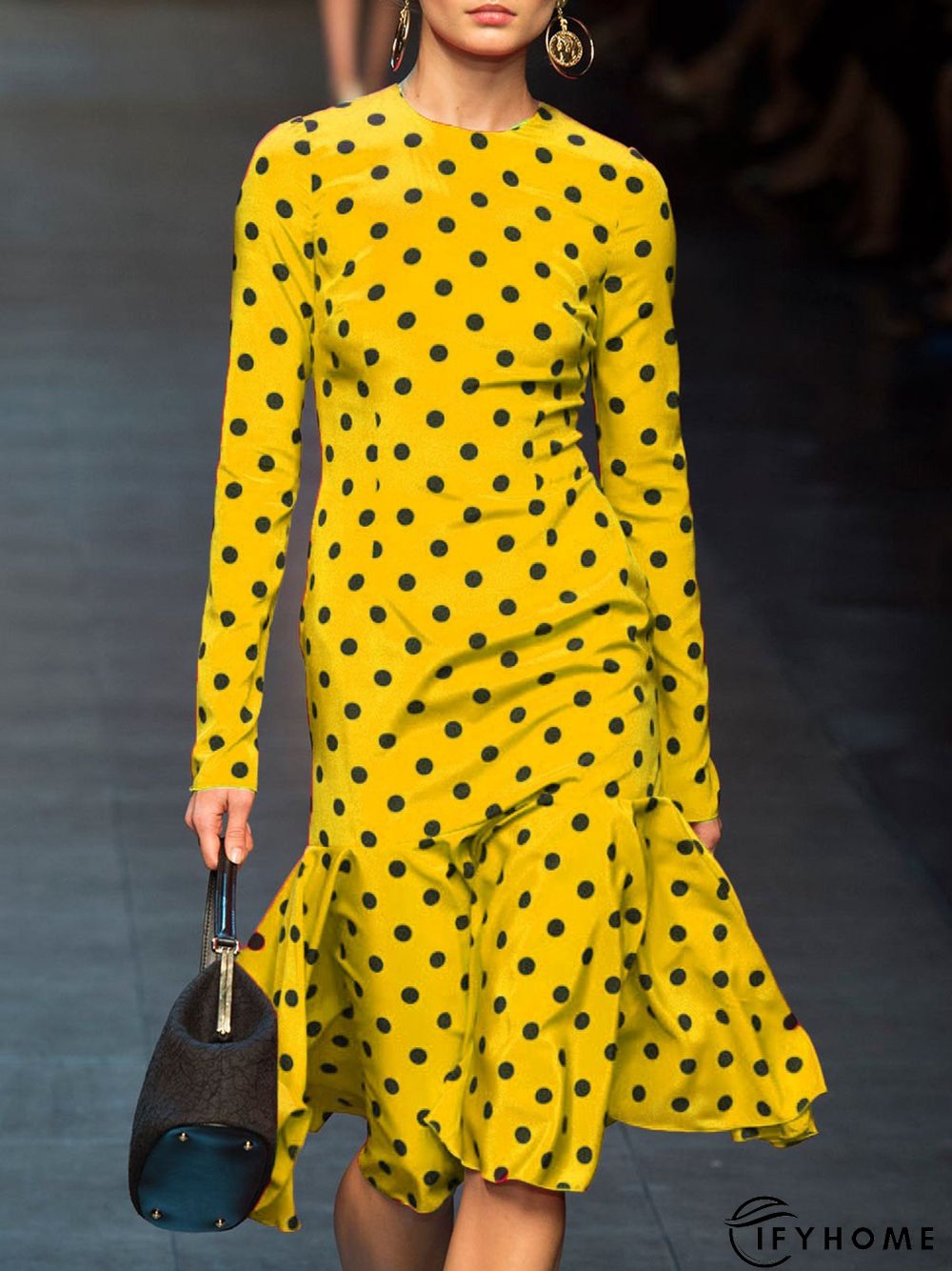 Polka Dots Crew Neck Sheath Lady Midi Dress | IFYHOME