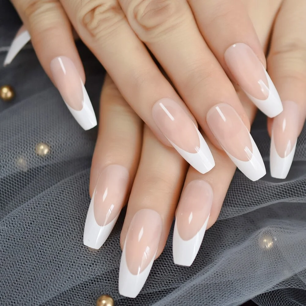 Long Coffin French Tip Fur Color Nude Faux Ongles White Smile Line Decoration Ballerina False Nails 24 Ct