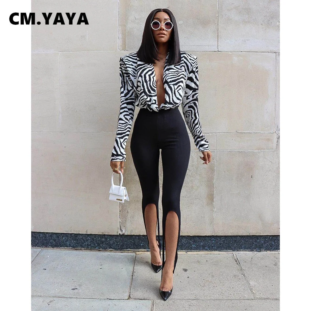 CM.YAYA Women Knit Solid High Slit Legging Pants Streetwear Party High Waist Trousers
