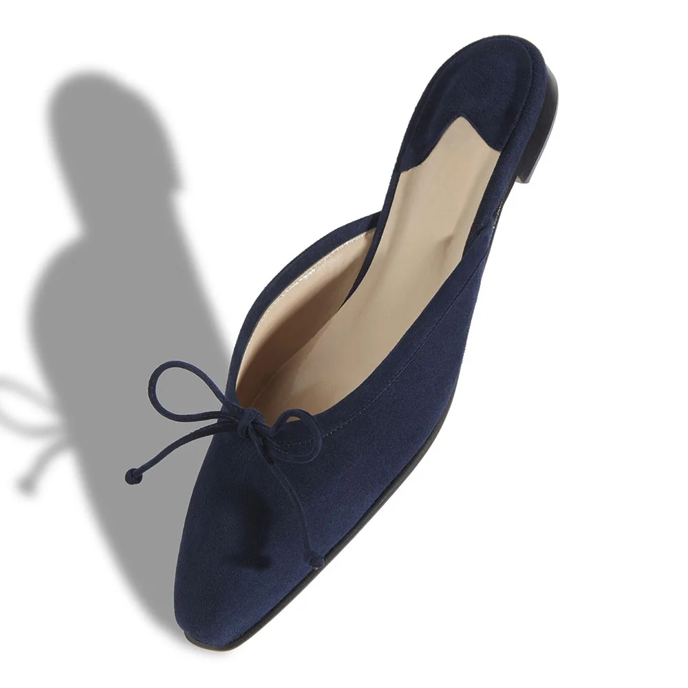 Elegant Navy Almond Toe Slip On Flat Bow Mule Shoes for Women