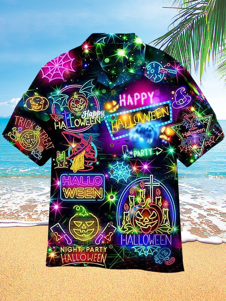 Neon Halloween Nightlife Party Hawaiian Vacation Men's Short Sleeve Cuban Collar Shirt PLUSCLOTHESMAN