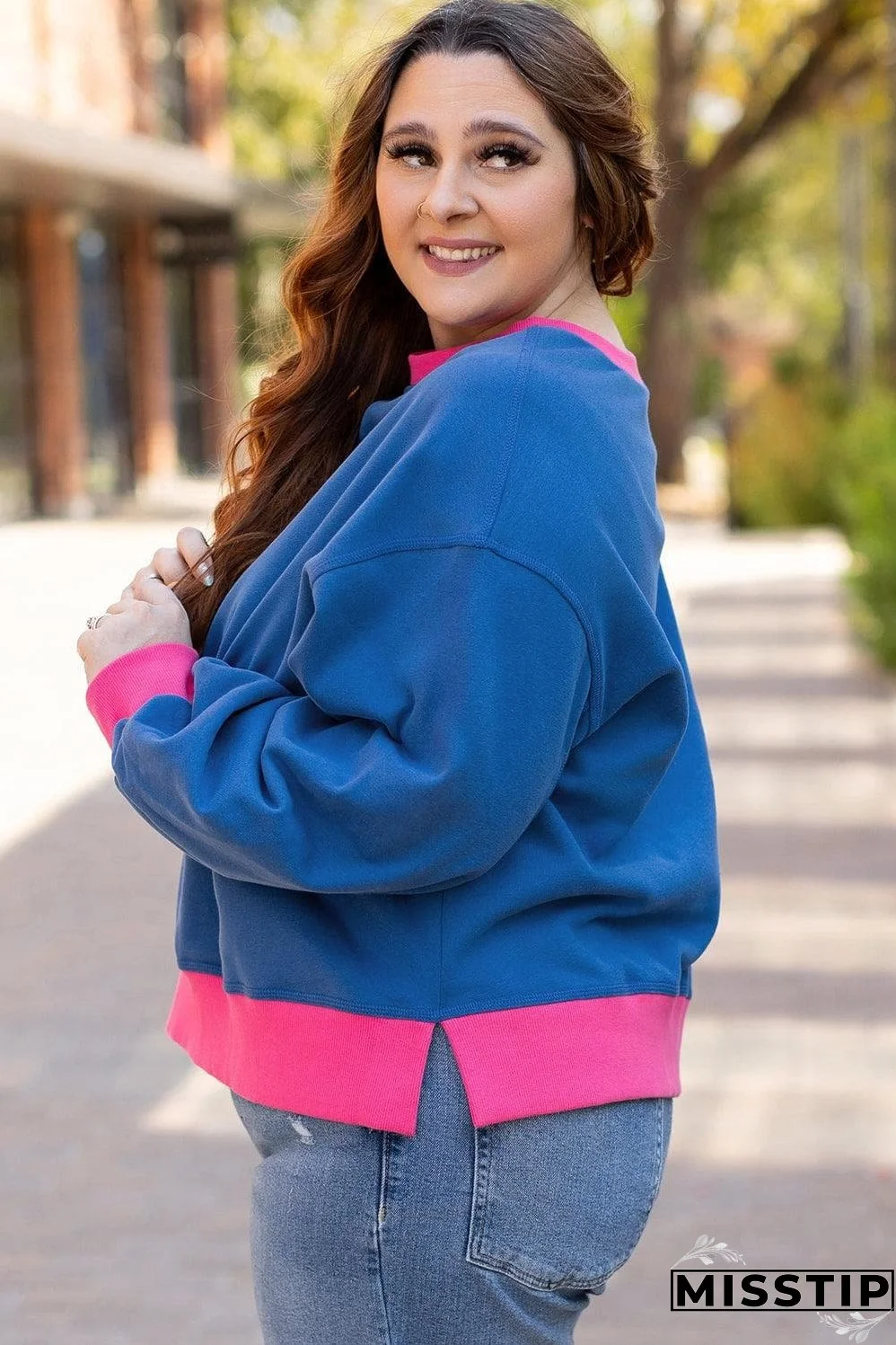Sky Blue Color Block Edge Balloon Sleeve Plus Size Sweatshirt