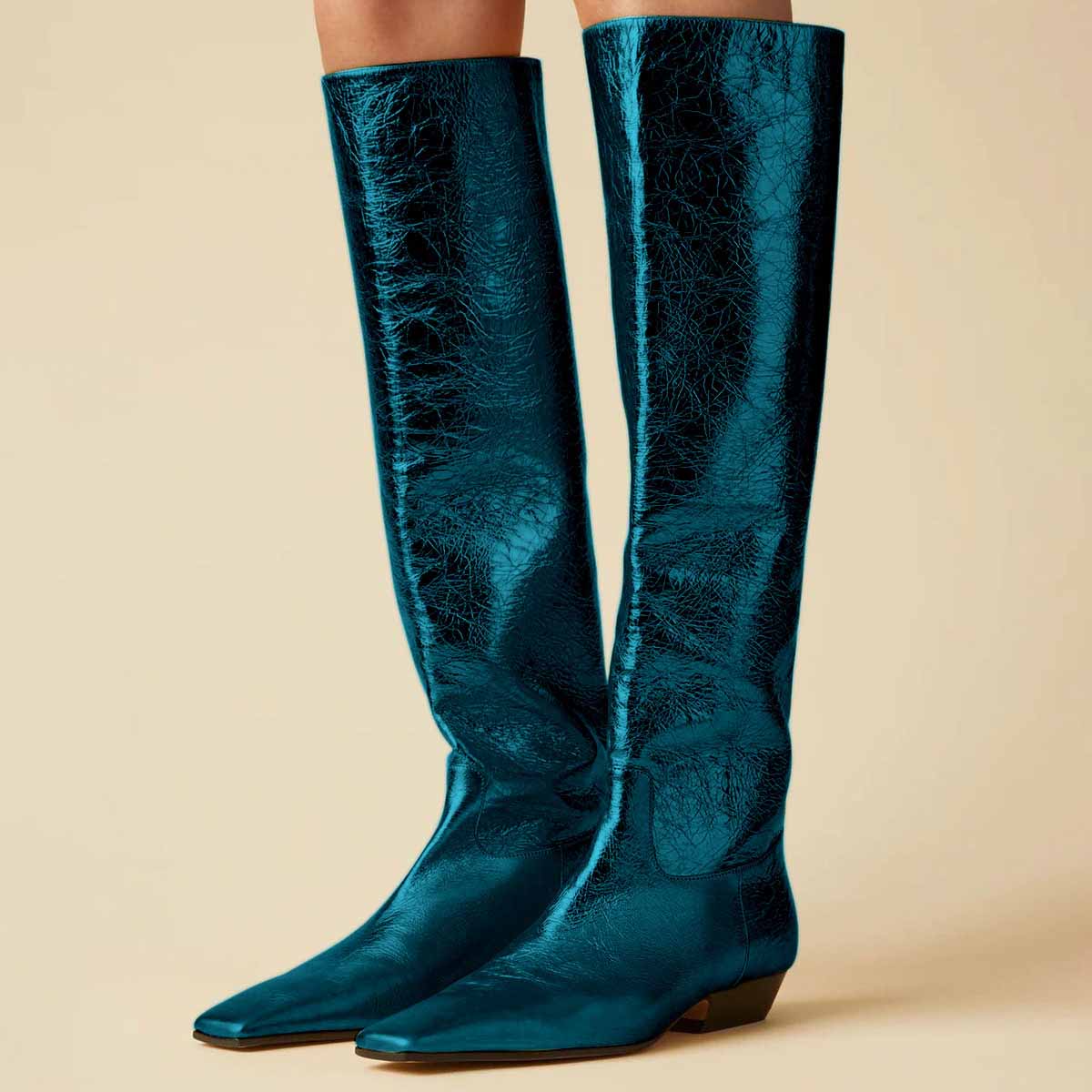 Teal Pull-On Vegan Leather Square Toe Low Heel Dress Boots for Women Nicepairs