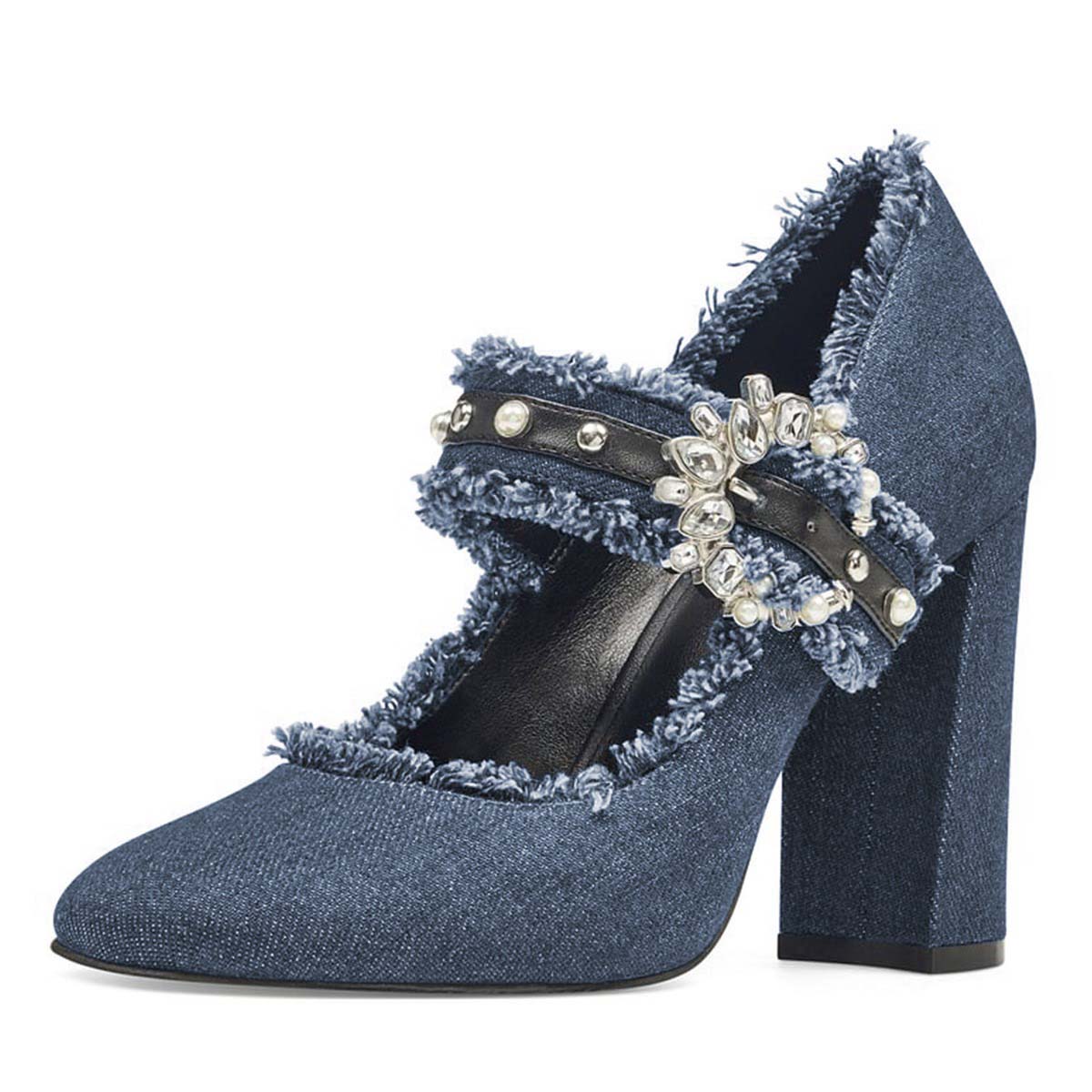 Steel Blue Round Toe Rhinestone and Pearl Decor Buckle Mary Jane Pumps Nicepairs