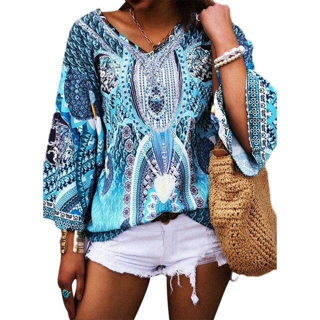 Vintage Long Sleeve Print Shirt Blouse Spring Autumn Fashion V-neck Folk Top Femme Blue Casual Beach Loose Shirts Top Women 2021 - Shop Trendy Women's Fashion | TeeYours
