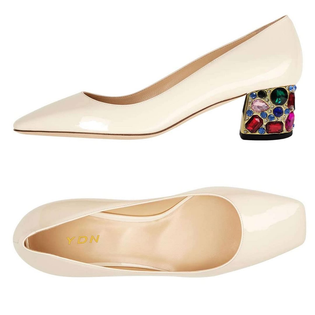Stylish Patent Leather Square-Toe Decorative Block Heel Pumps in Nude
