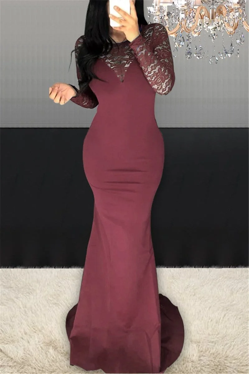 Fashion Sexy Lace Stitching Long Sleeve Dress