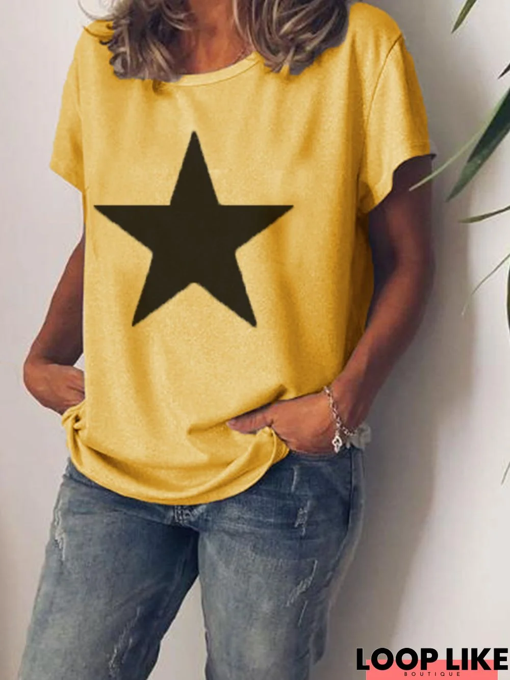 Star Round Neck Short Sleeve Cotton-Blend T-shirt