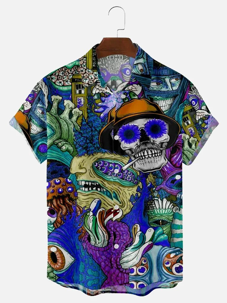Men's Statement Skull Floral Print Short Sleeve Hawaiian Shirt