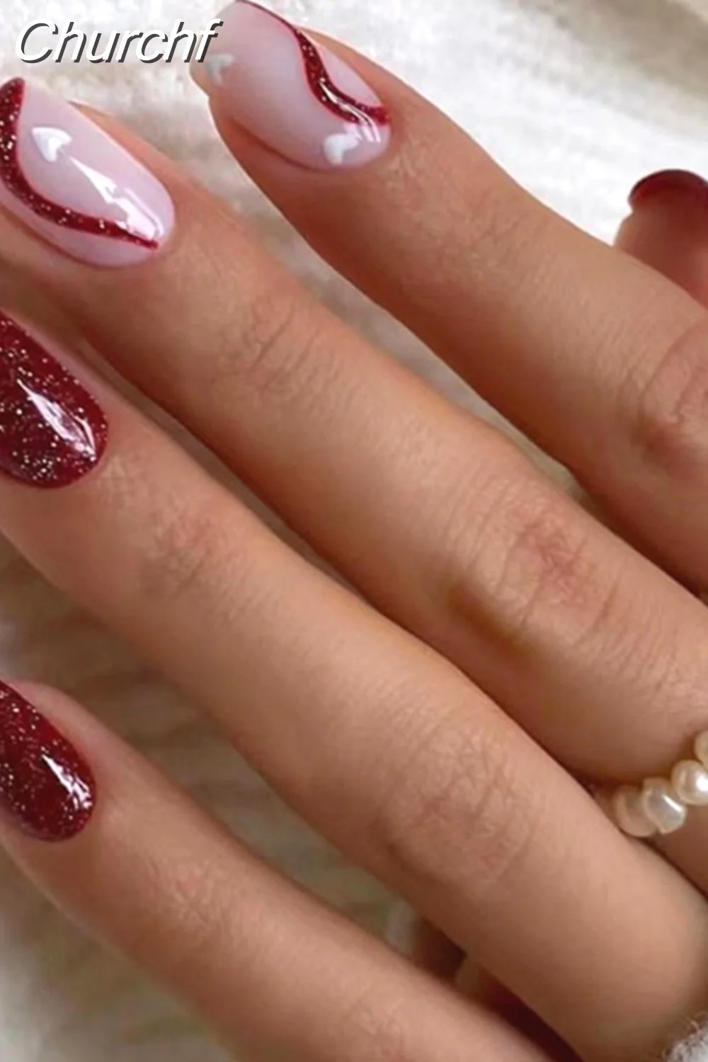 Churchf Wave Line Short Ballet French False Nails With Flower design Square Head Fake Nail Tips Simple Wearable Press On Nails-Nail Inspo