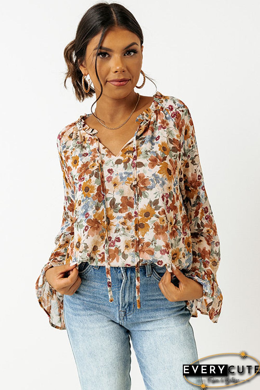 Orange Floral Print Flare Cuff Long Sleeve Blouse