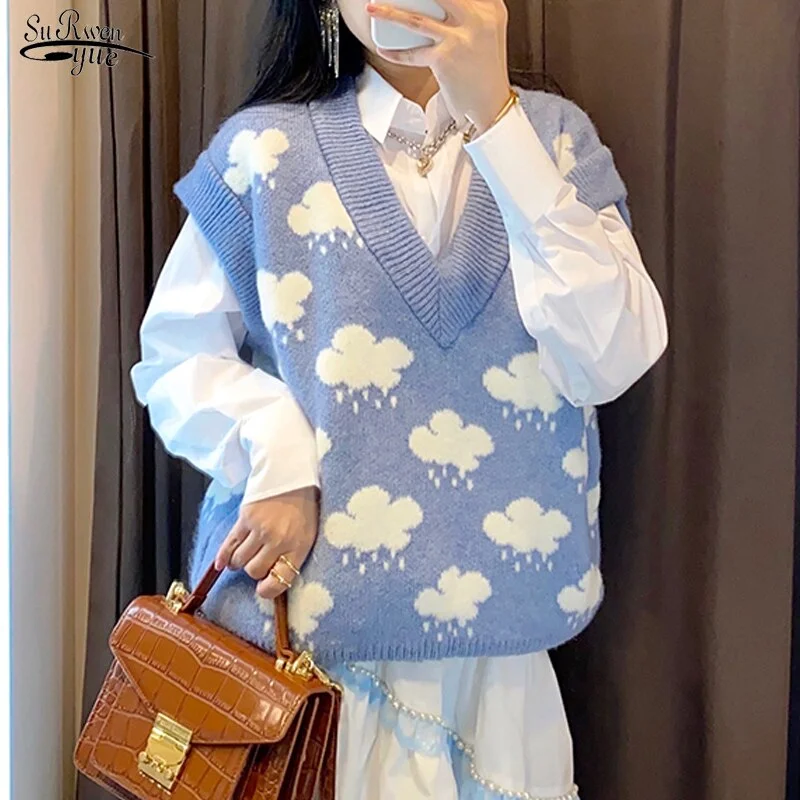 Sleeveless Cloud Print V-neck Sweaters Loose Knit Vest Top Winter Clothes Women Autumn Knitted Pullover Sweater Vest Women 15990