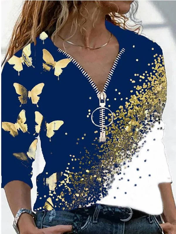Women's Long Sleeve V-neck Graphic Printed Stitching Top