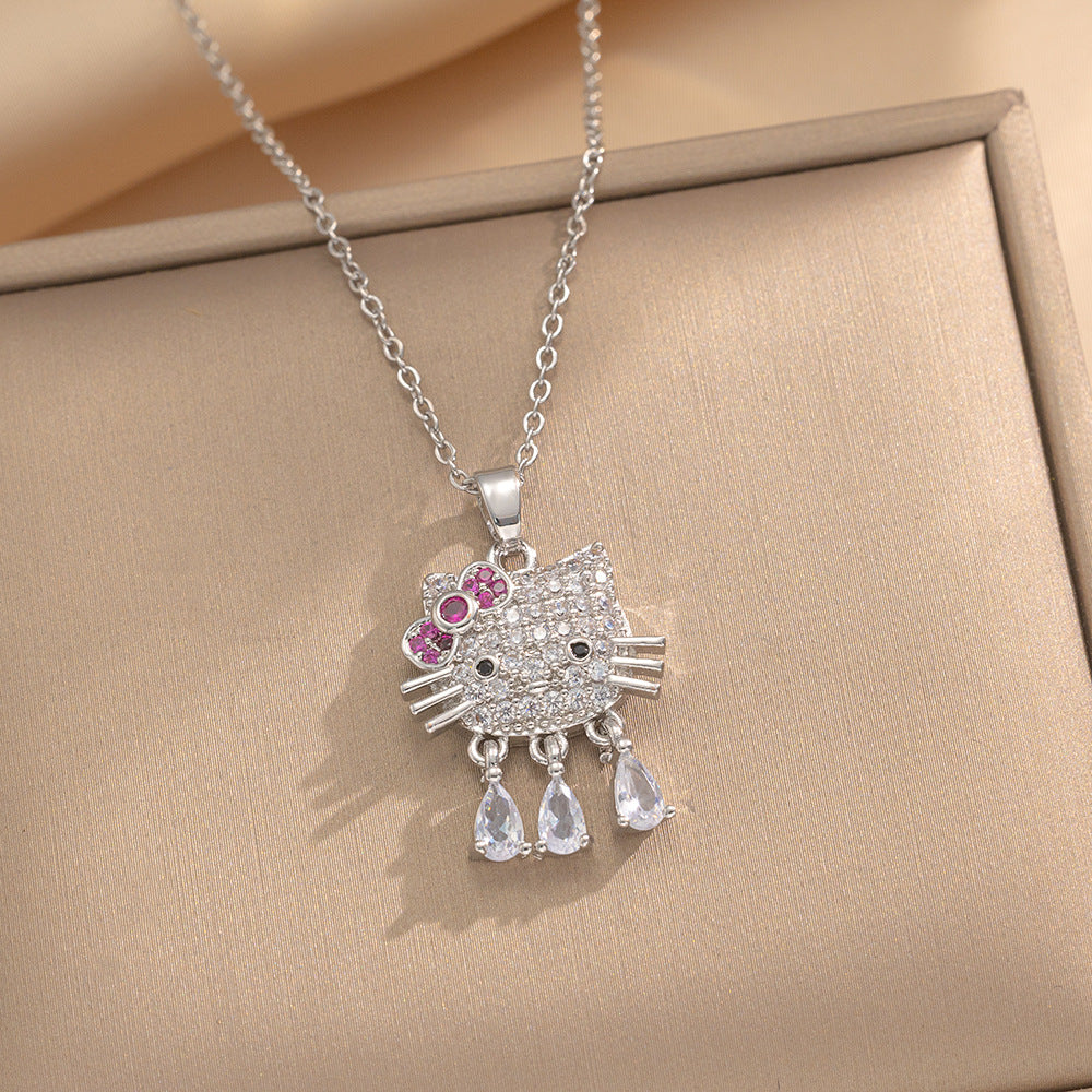 Design Kt Cat Pendant Necklace Micro Inlaid Zircon Copper Plated 18 Gold All-Match Clavicle Chain