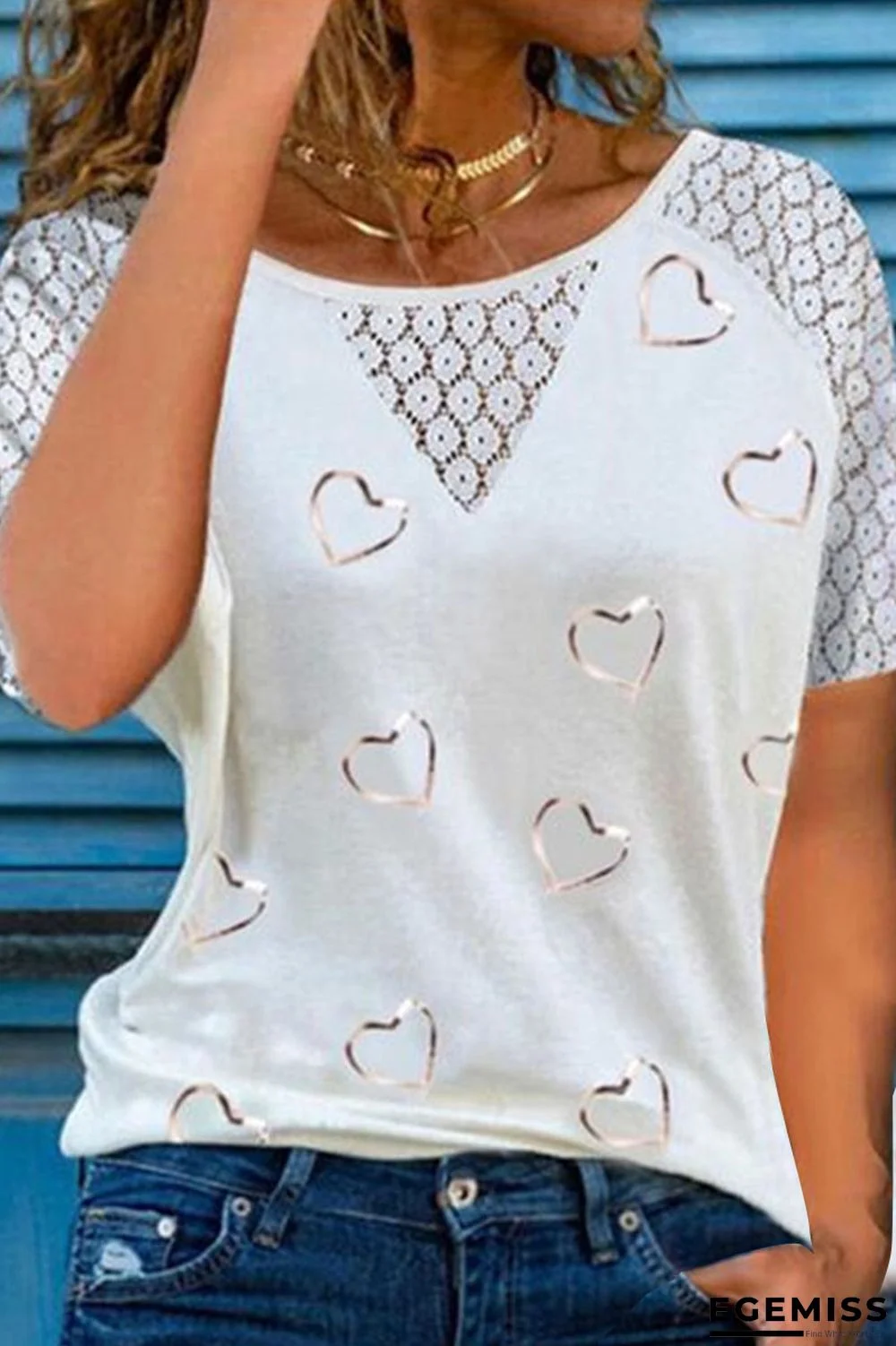 White Fashion Casual Print Patchwork O Neck T-Shirts | EGEMISS