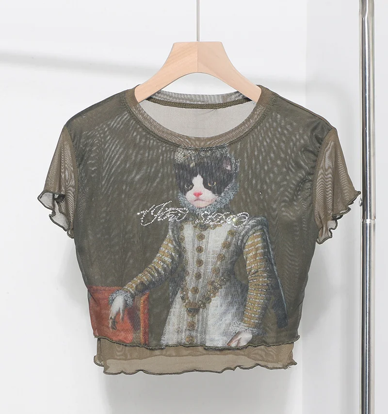 Uveng Front Double-Layer Mesh Hot Wood Ear Print Short-Cut Umbilly T-Shirt 8832-1