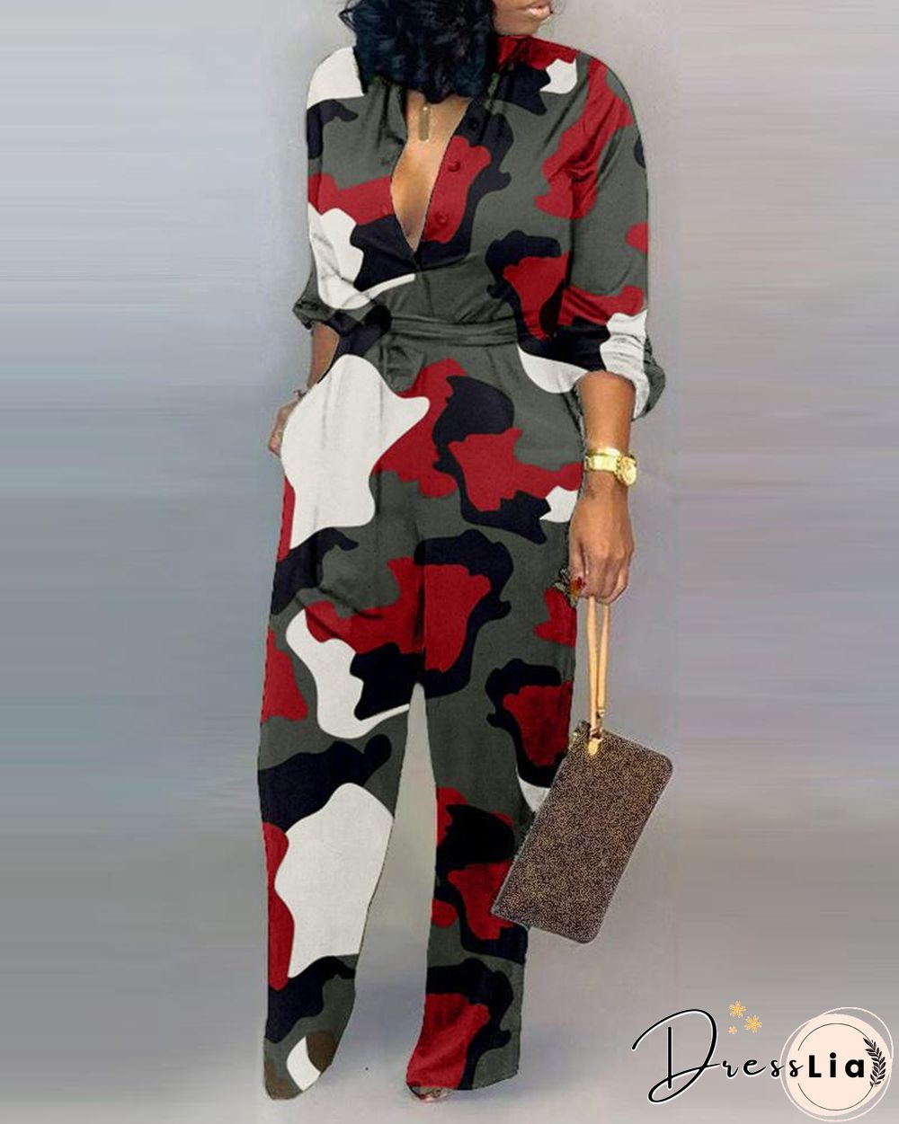 V Neck Camouflage Print Buttoned Jumpsuit