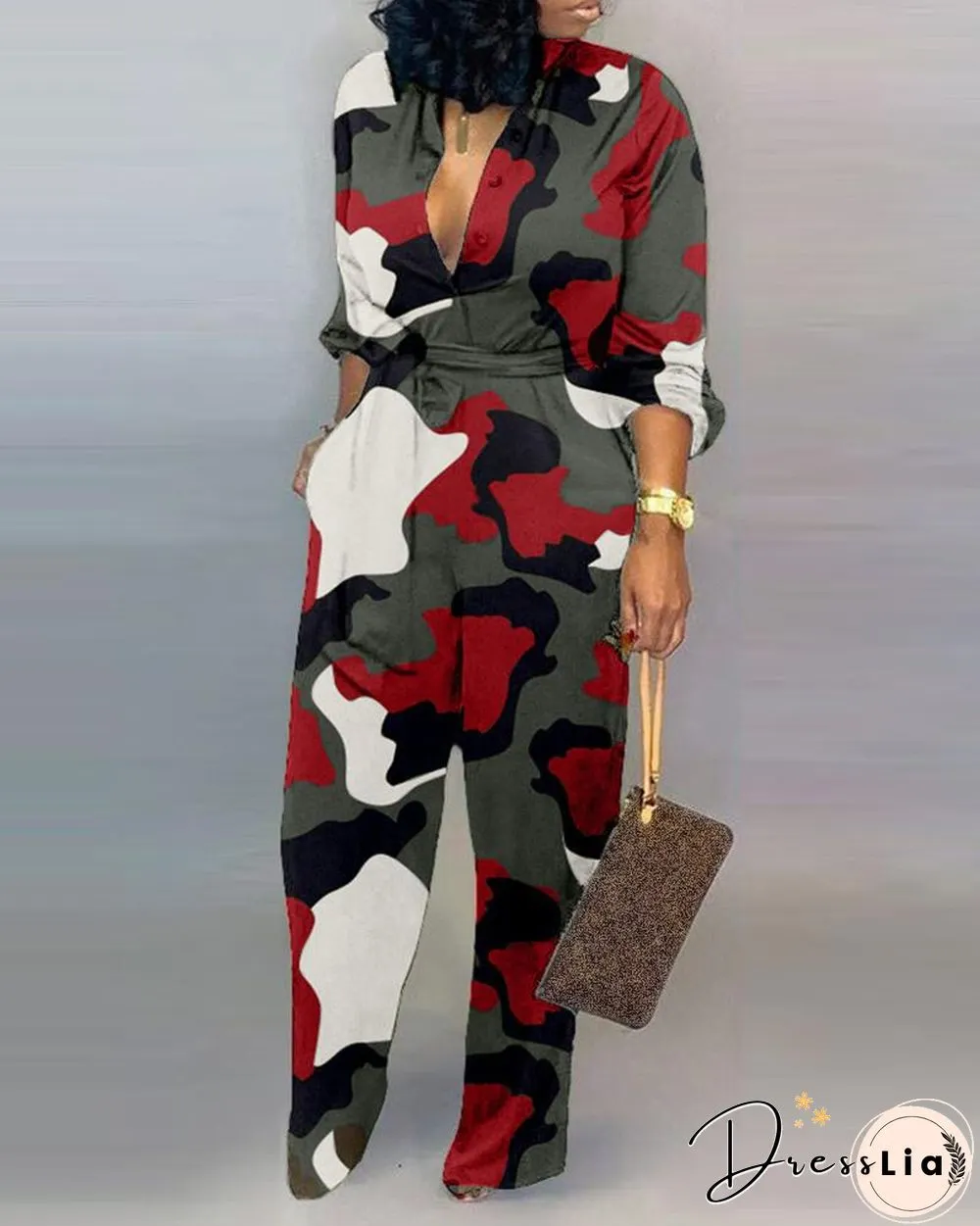V Neck Camouflage Print Buttoned Jumpsuit