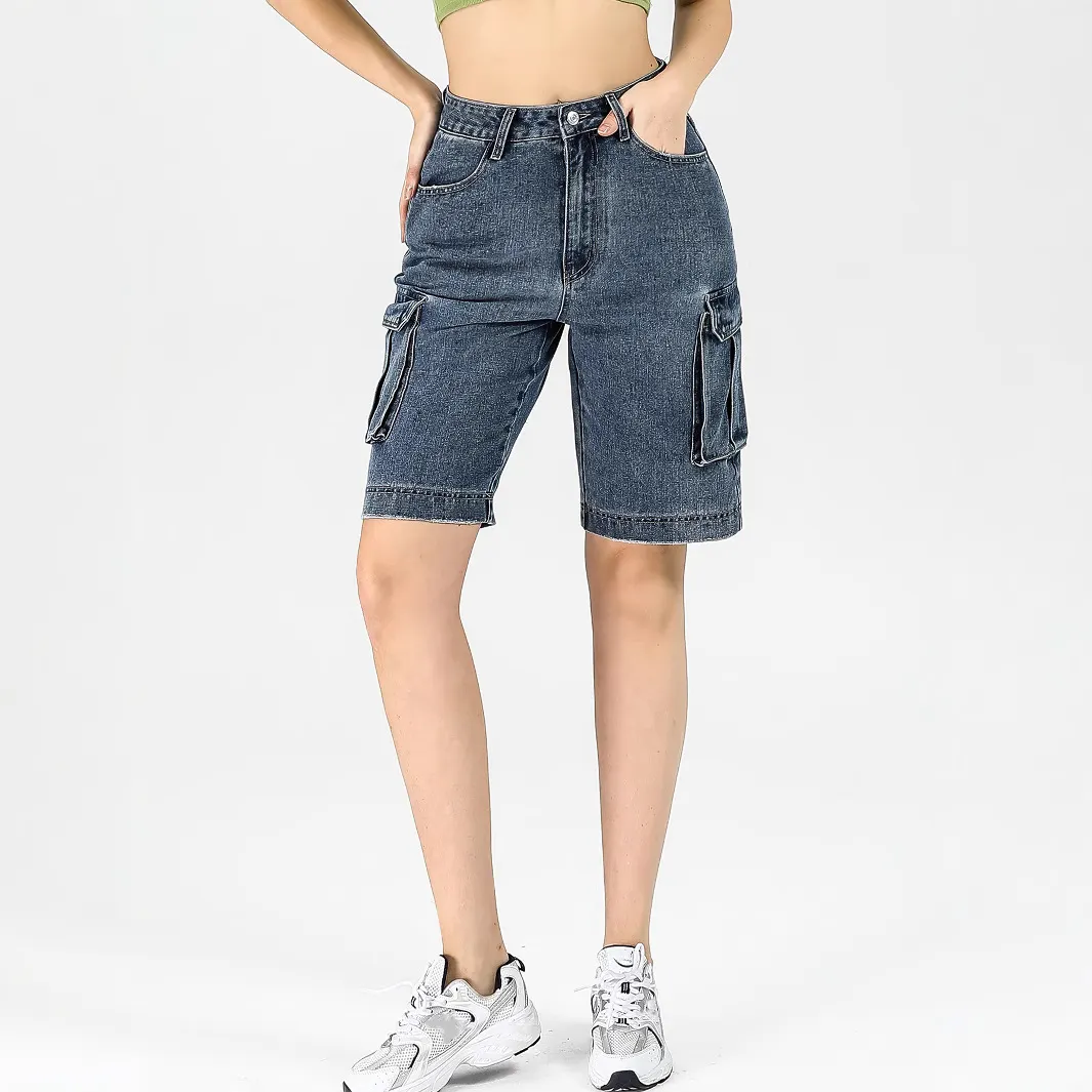 Mid-Rise Washed Straight Cargo Denim Five-Point Shorts