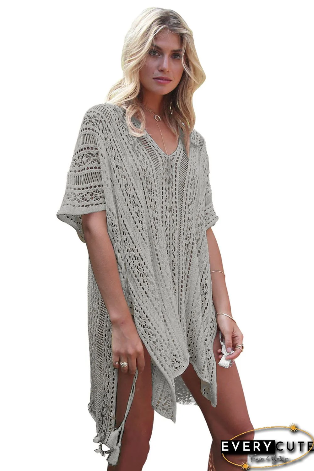 Gray Crochet Knitted Tassel Tie Kimono Beachwear