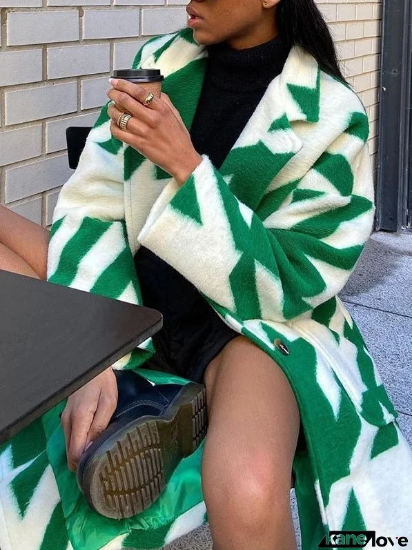 Color Block Long Sleeve Notched Lapel Printed Coat