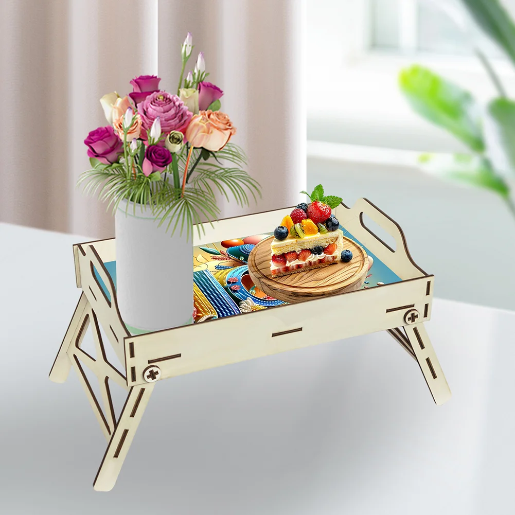 DIY Diamond Painted Dining Plate with Handle Wooden Food Tray Home Decor Gift