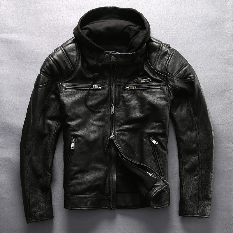 Harley Top Grain Leather Jacket for Men - Detachable Hood, Genuine Leather Biker Jacket