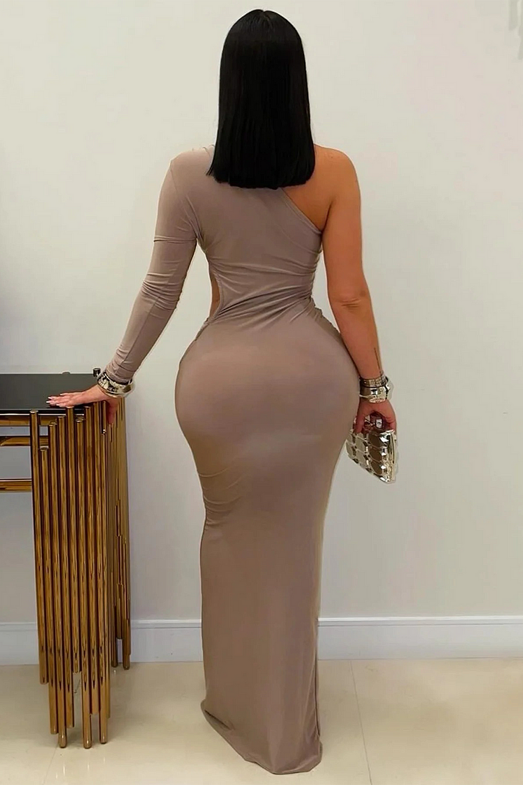 One Shoulder Long Sleeve Waist Cutout Bodycon Maxi Dresses-Black [Pre Order]