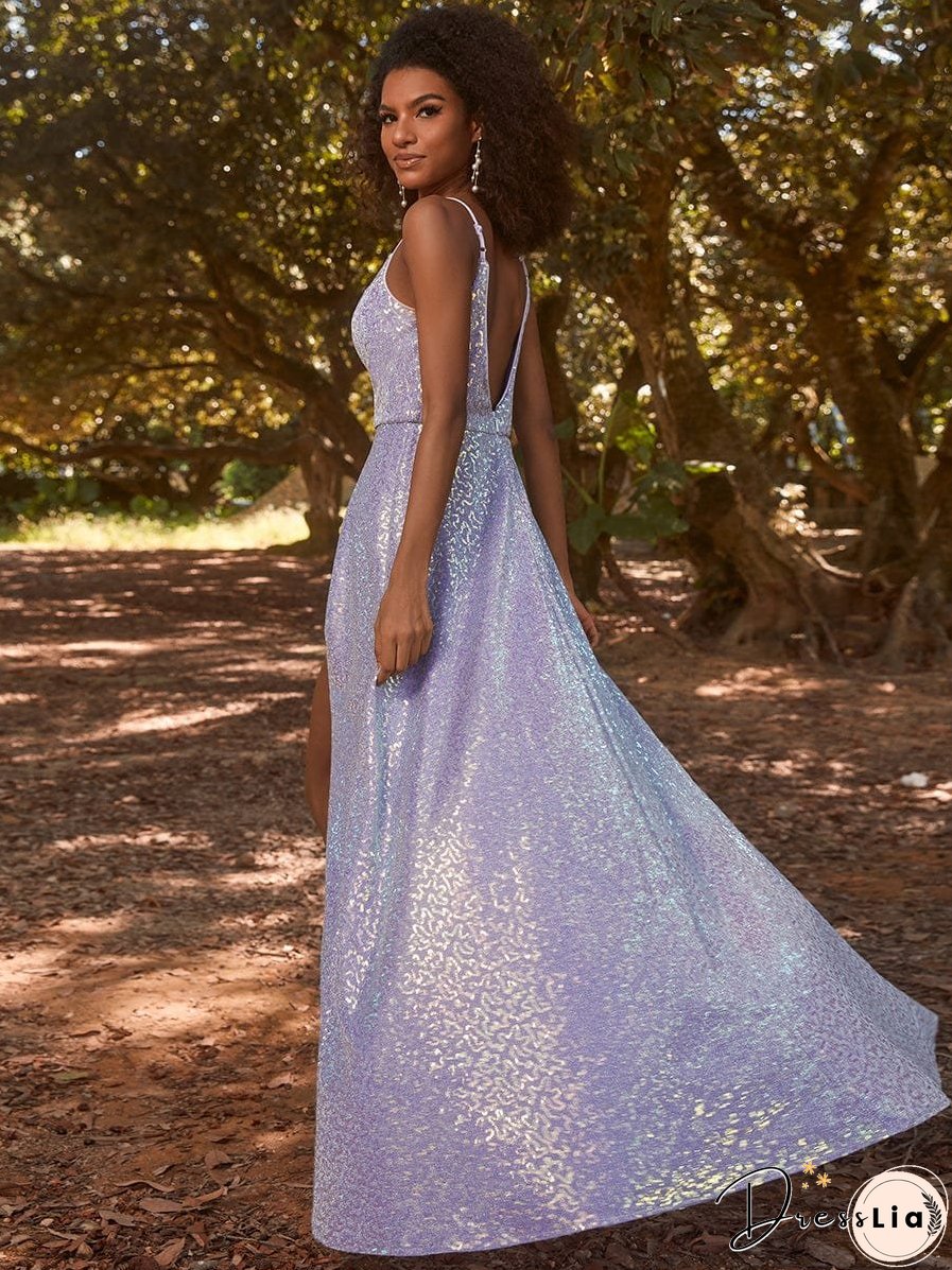 Glamorous Shimmering Split Spaghetti Straps Evening Gowns