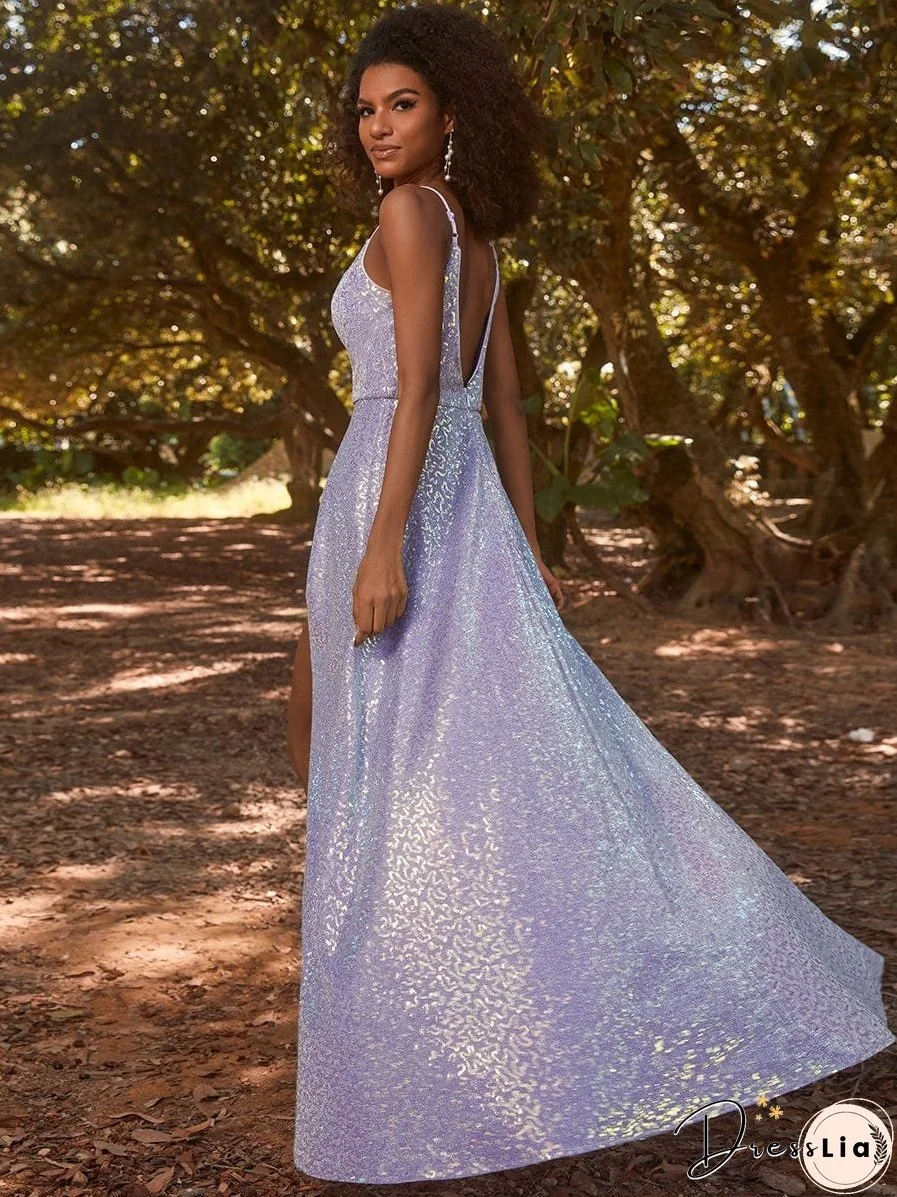 Glamorous Shimmering Split Spaghetti Straps Evening Gowns