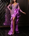 Women's Purple Slit Ruffled Sequin Dress
