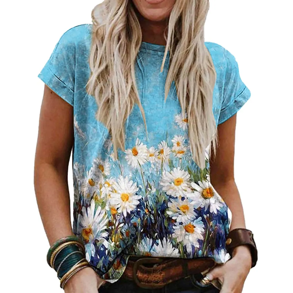 Women New Classic Style Print Summer T-shirt Retro Round Neck T-shirts Ladies Short Sleeve Loose Female Casual Tees 2021 D30
