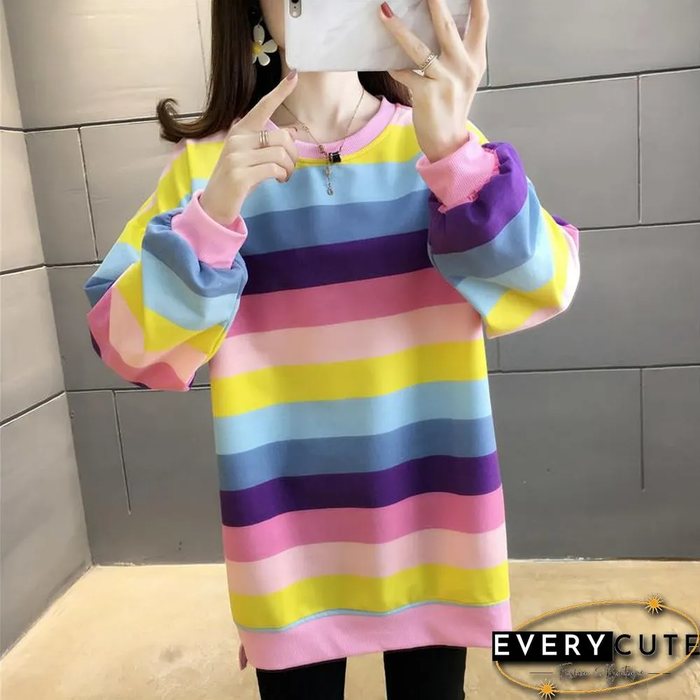 Fashion Rainbow Color Sweatshirt Hoodies Women Loose Long Sleeve Pullover Female Spring