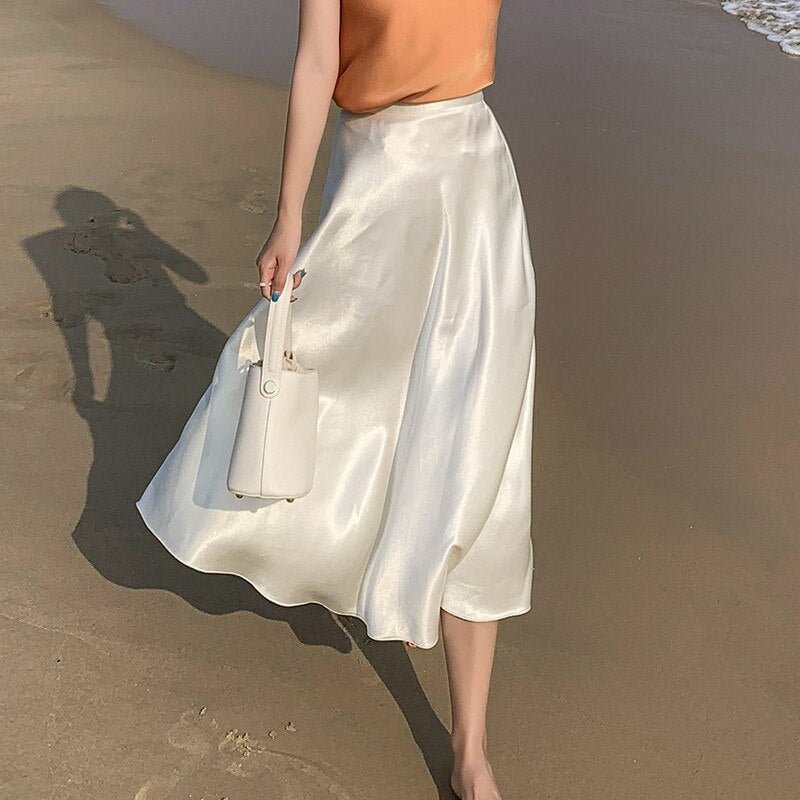 Ordifree 2022 Summer Women Satin Skirt Elegant Lady Vintage Silk High Waist Midi Skirt