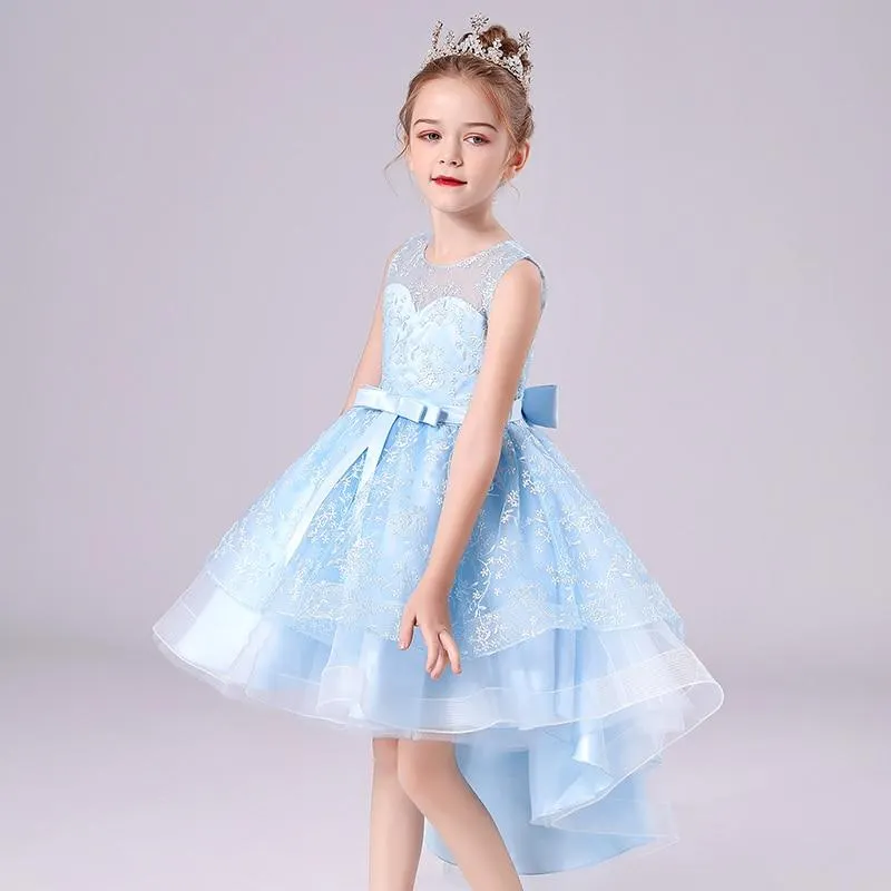 Summer Lace Embroidery Kids Dress For Girls Evening Wedding Party Tail Elegant Princess Sleeveless Children Holiday Dresses
