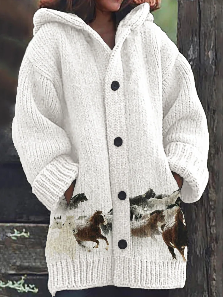 Running Horses In The Snow Cozy Knit Hooded Cardigan
