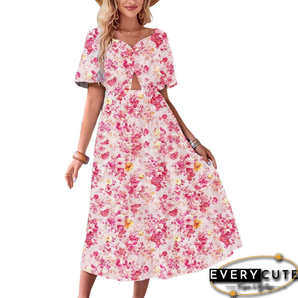 Light Pink Puff Sleeves Back Pleated Floral Dress