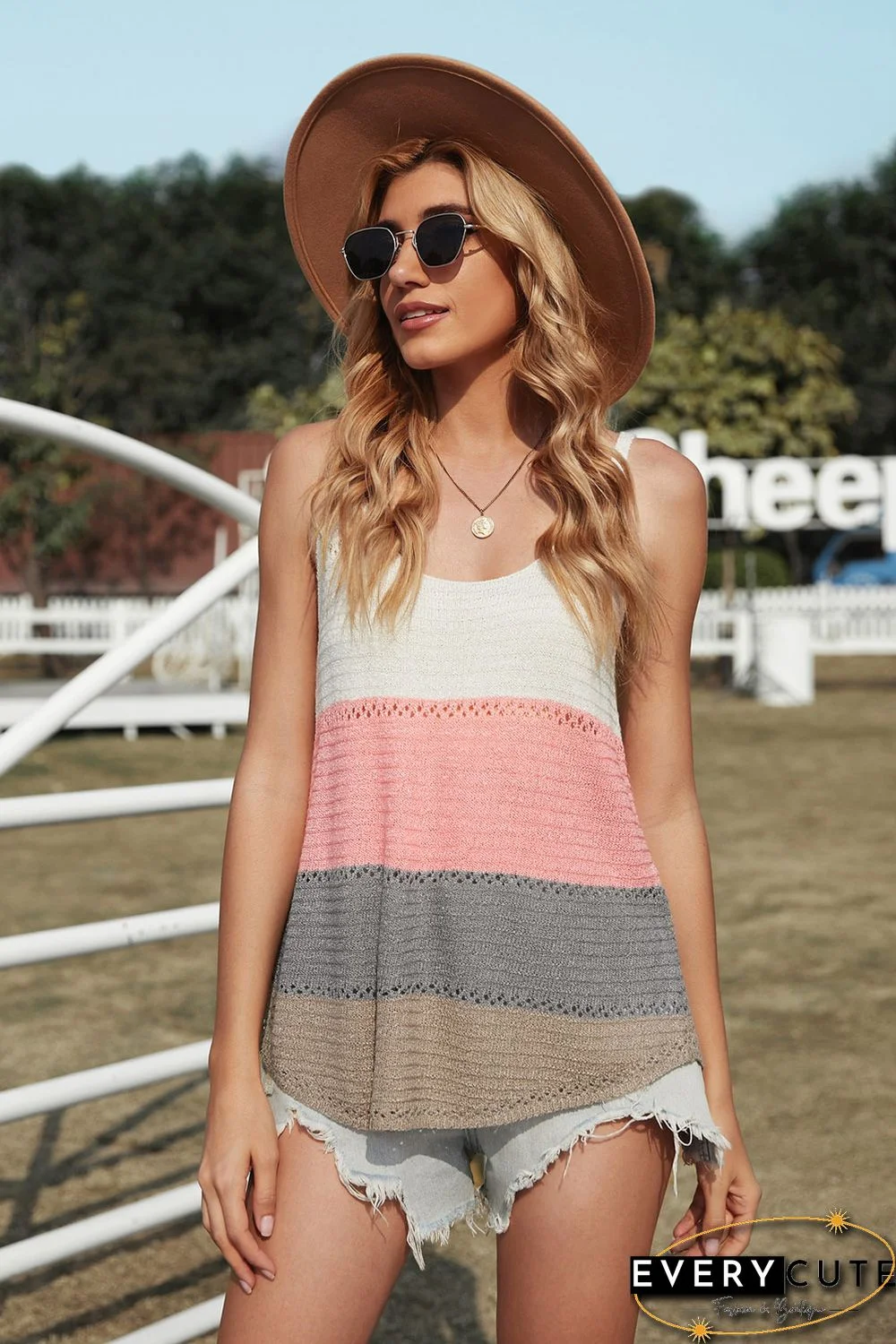 Multicolor Adjustable Spaghetti Straps Colorblock Knit Tank Top