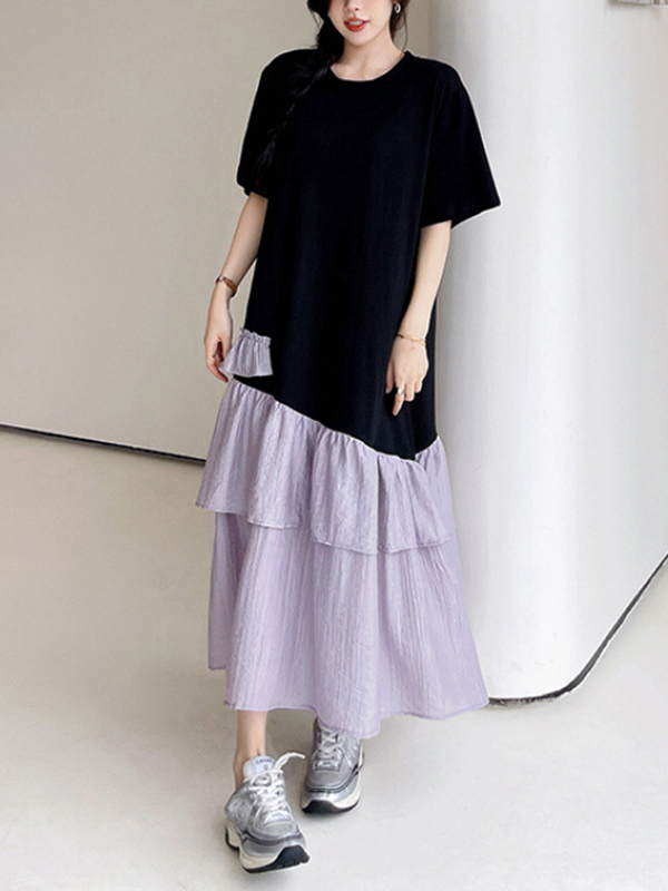 Colorblock Tiered Hem Short Sleeve Cotton Maxi Dress