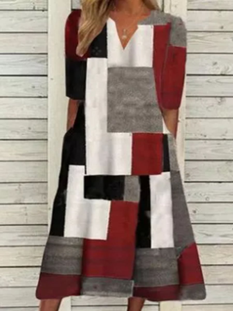 Color Block Print Casual Short Sleeve Maxi Dress
