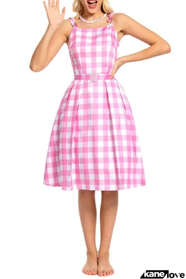 Barbie Pink Plaid Printed Cami Midi Dress