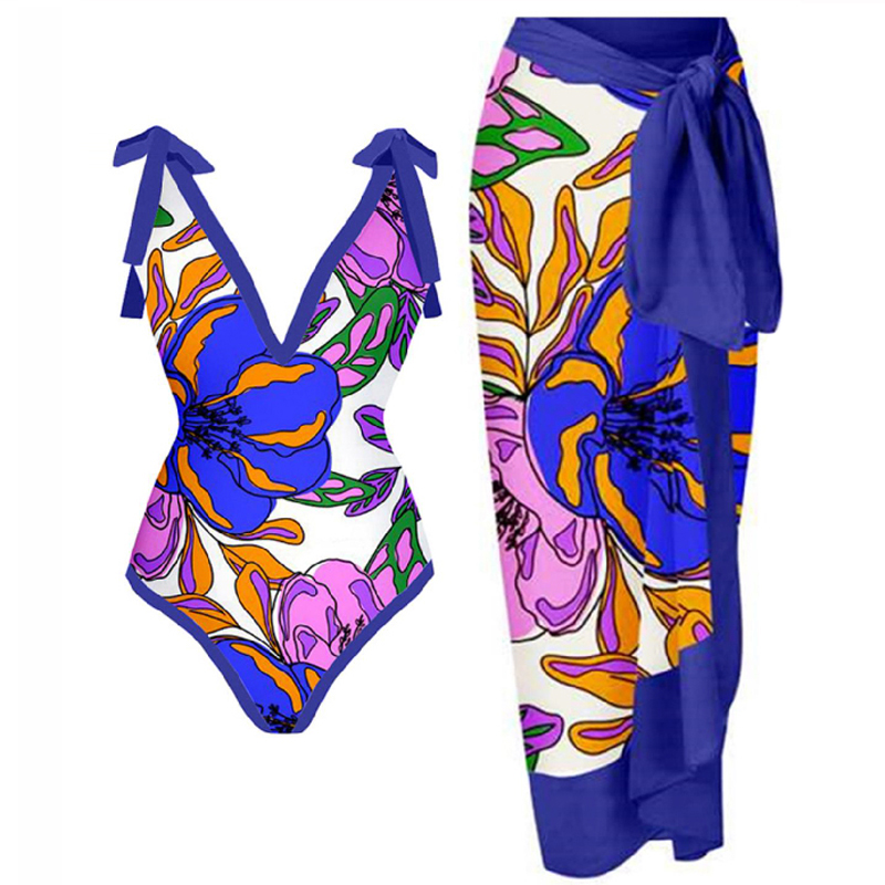 Tie-shoulder Printed One Piece Swimsuit and Sarong Flaxmaker