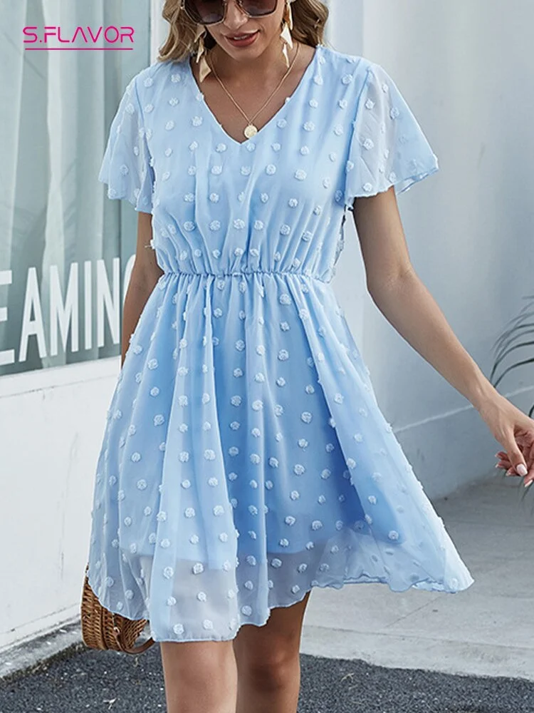 Jangj S.FLAVOR 2022 Summer Sky Blue Chiffon Dresses For Women Flare Short Sleeve V-neck Casual Mini Vestidos Boho Beach Sundress